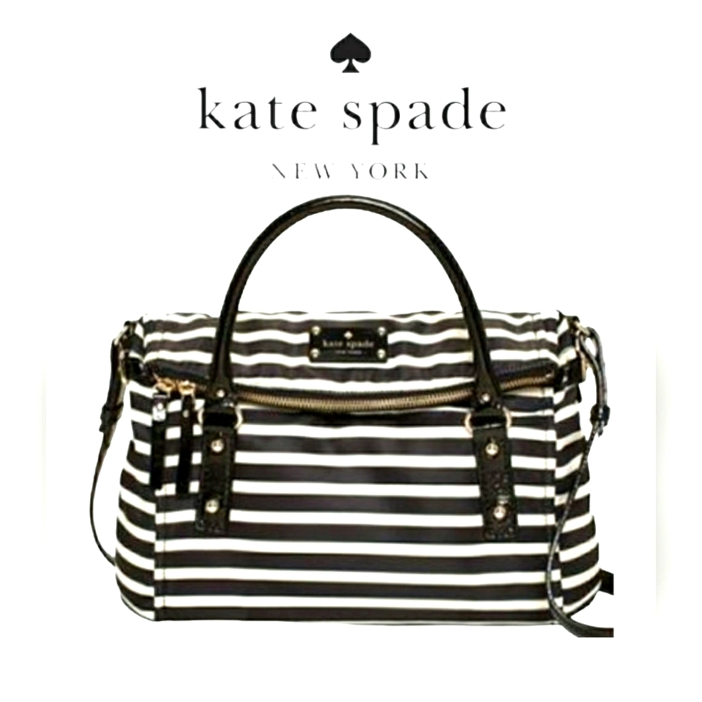 Kate Spade Designer Leslie Satchel Crossbody Purse Bag Folover Black White Strip